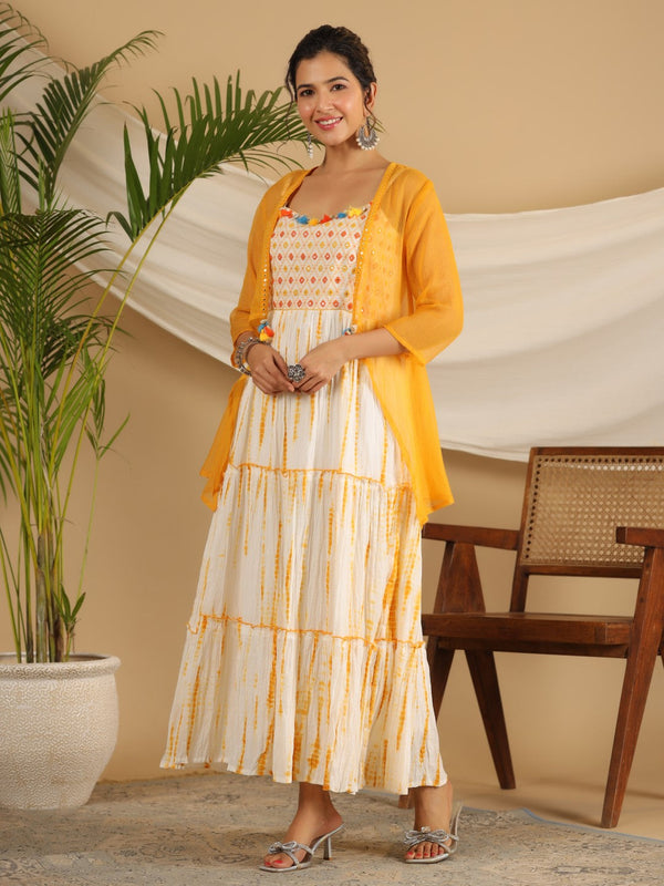 Jashvi Mustard Tie-Dye Tiered & Layered Pure Cotton Dress With Mirror Work Embroidery