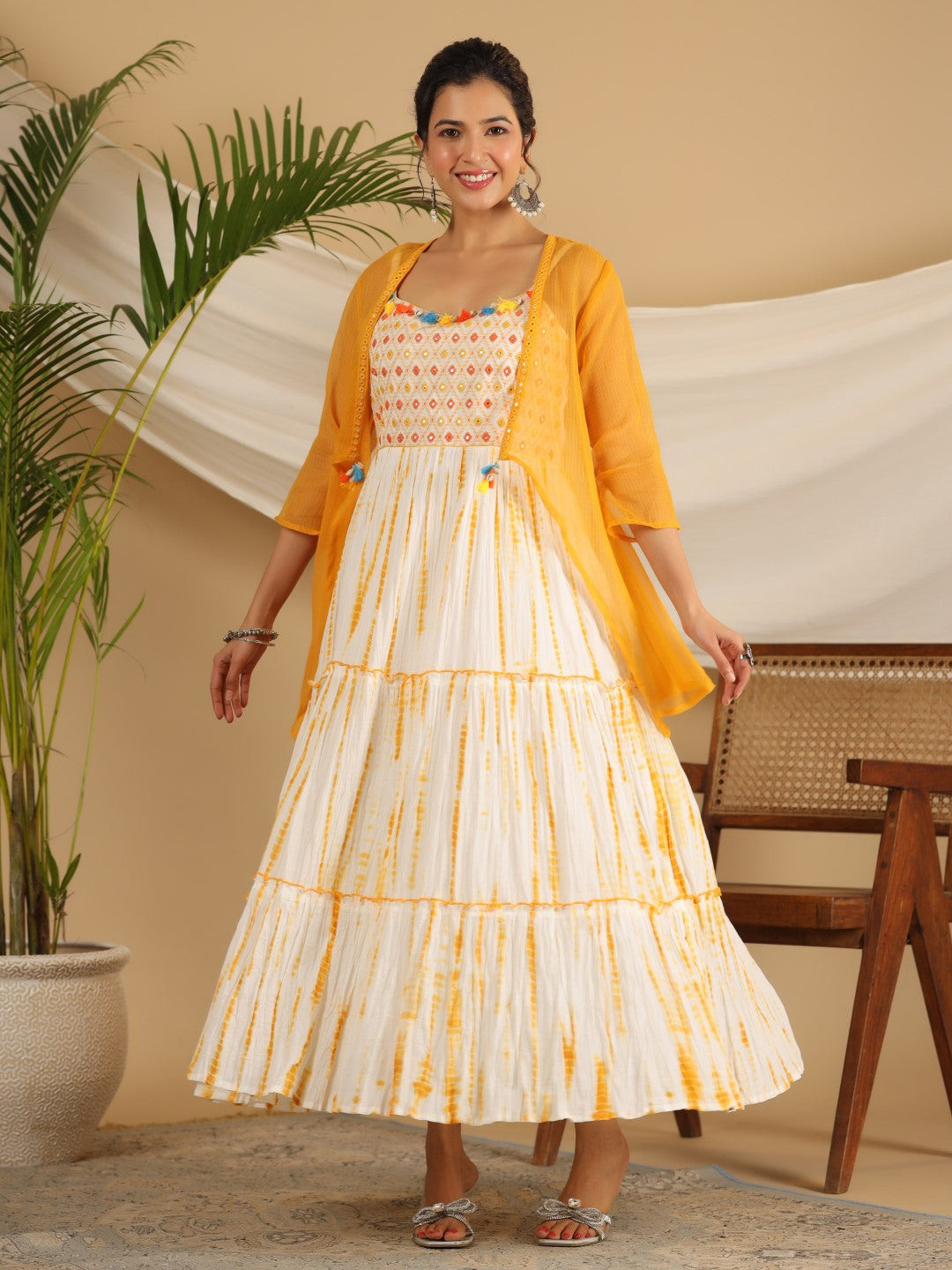 Women's Mustard Cotton Cambric Tie & Dye Tiered Maxi Dress With Kota Doria Shrug - Juniper