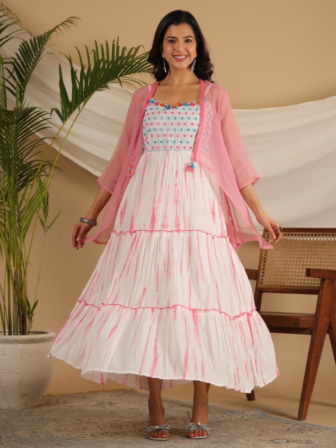 Women's Pink Cotton Cambric Tie & Dye Tiered Maxi Dress With Kota Doria Shrug - Juniper