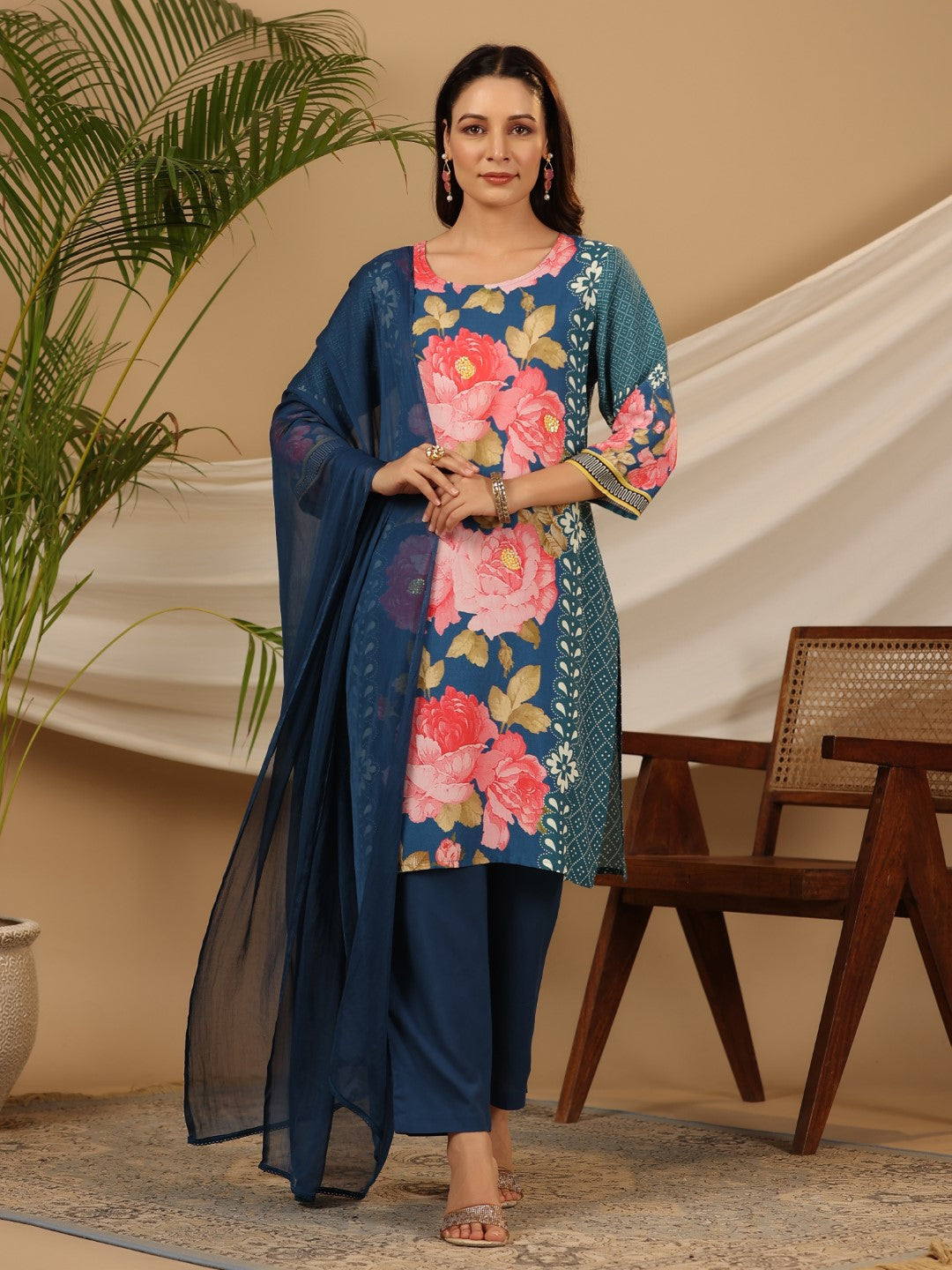 Women's Blue Rayon Printed Kurta Set - Juniper