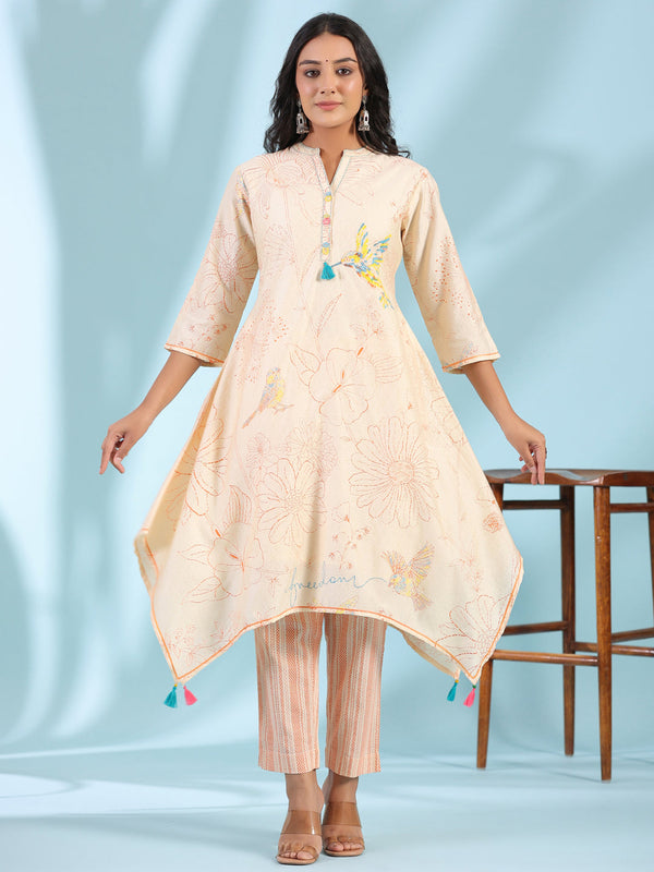 Jashvi Naylon Dobby Peach Floral Printed Lacy Kurta With Pants With Contrast 3D Handwork