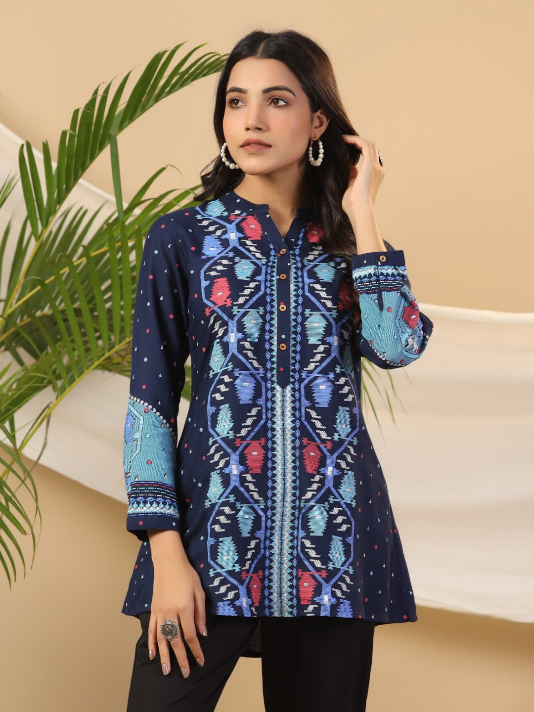 Women's Navy Blue Rayon Slub Printed Tunic - Juniper