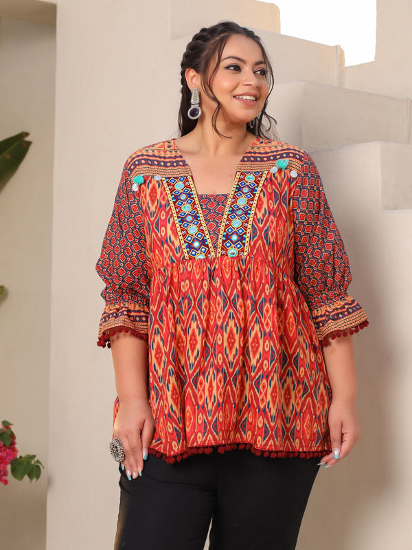 Jashvi Orange Ikat Printed Peplum Cotton Plus Size Tunic With Mirror Work & Lace