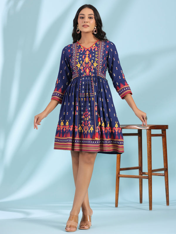 Jashvi Navy Blue Rayon Ikat Printed Fit & Flare Lacy Short Dress With Dori Tie-Up At Waist