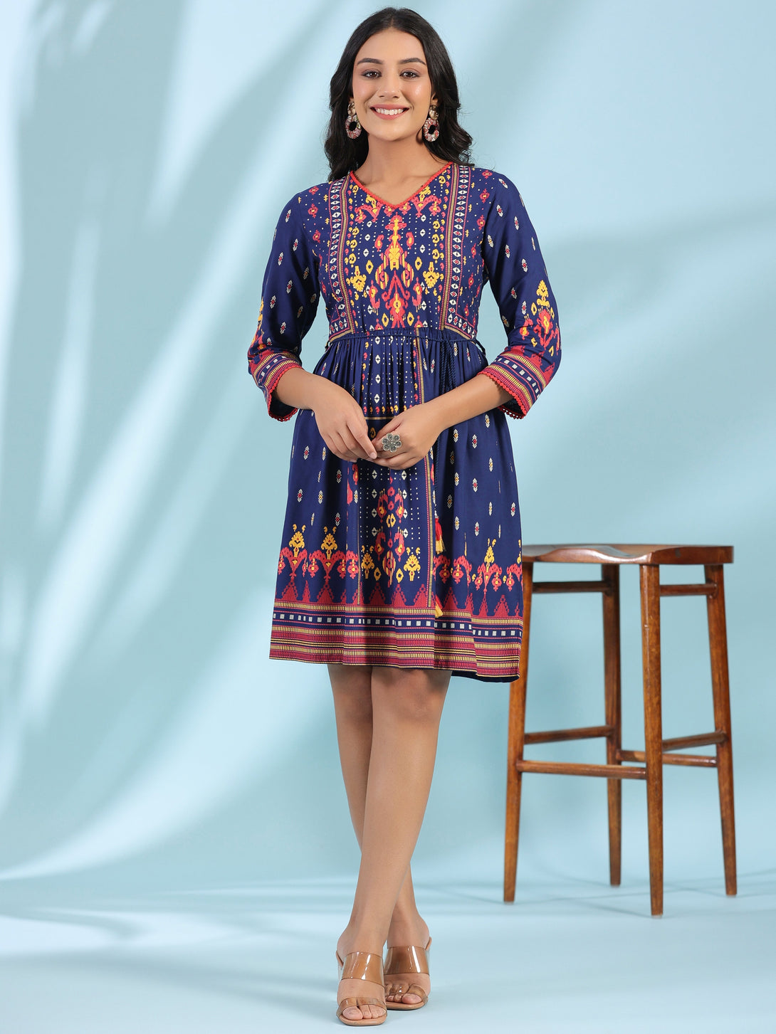 Women's Navy Blue Rayon Printed Dress - Juniper