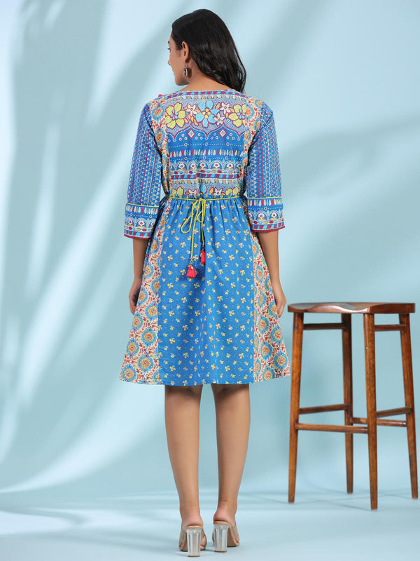 Women's Blue Cotton Cambric Printed Dress - Juniper