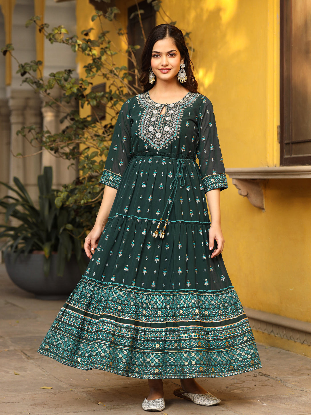 Women's Green Georgette Print With Embroidery Maxi Dress - Juniper