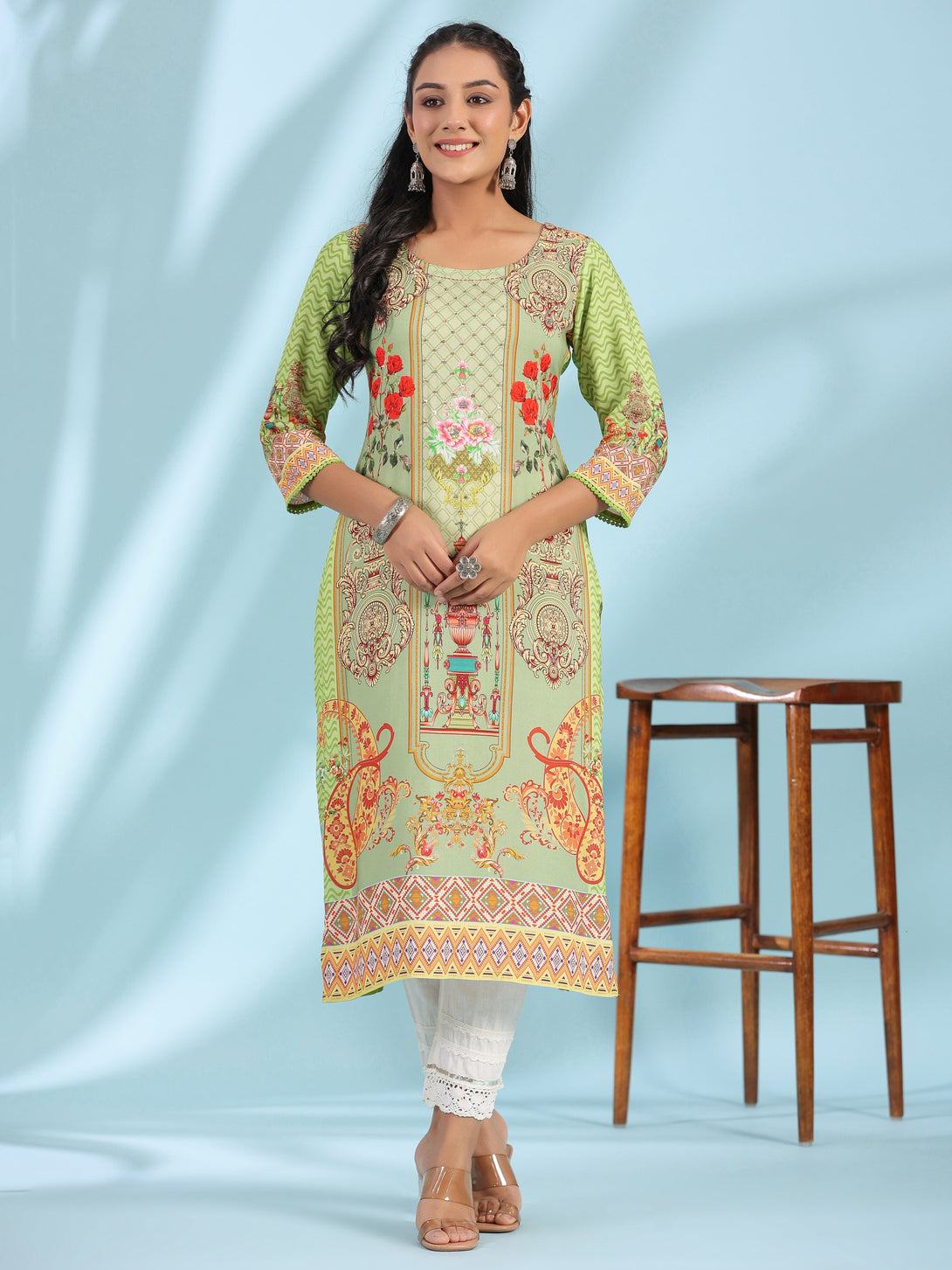 Women's Green Rayon Printed Straight Kurta - Juniper