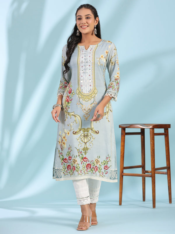 Jashvi Grey Rayon Floral Printed Round Neck Kurta With Beadwork