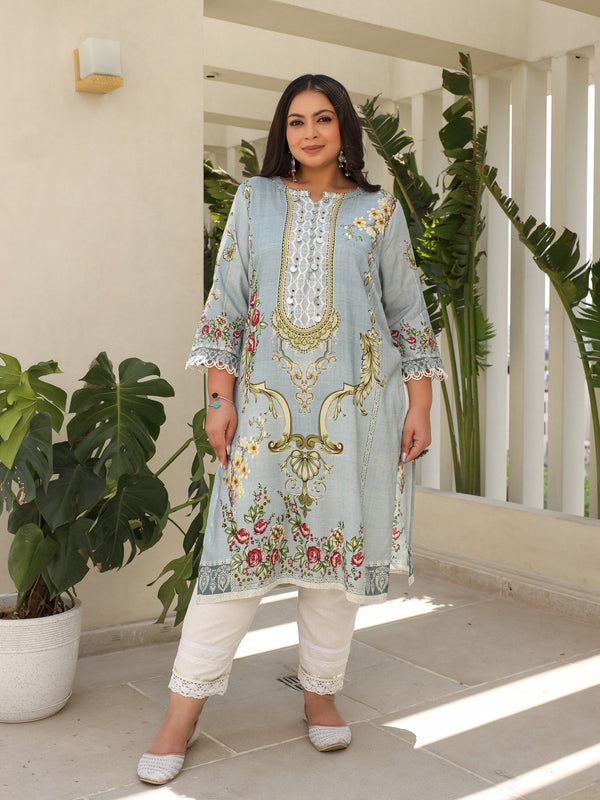 Jashvi Grey Rayon Floral Printed Regular Plus Size Kurta With Beadwork