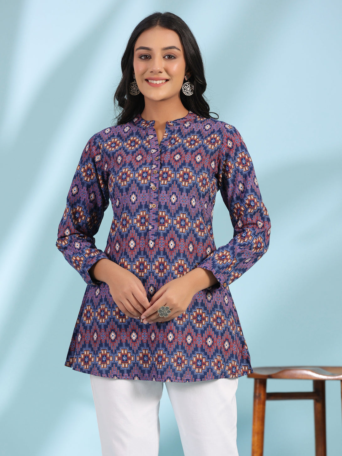 Women's Blue Rayon Printed A-Line Tunic - Juniper