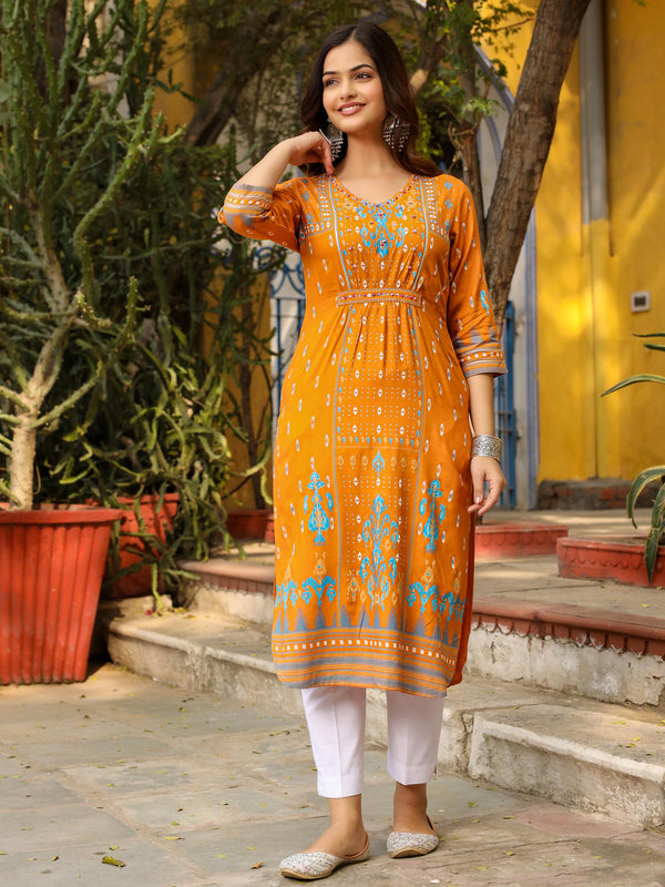 Jashvi Mustard Ikat Printed Rayon Kurta With Gathers At Front Beads & Sequence Work