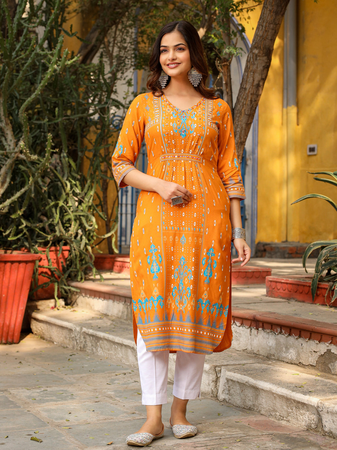 Women's Mustard Rayon Printed Straight Kurta - Juniper