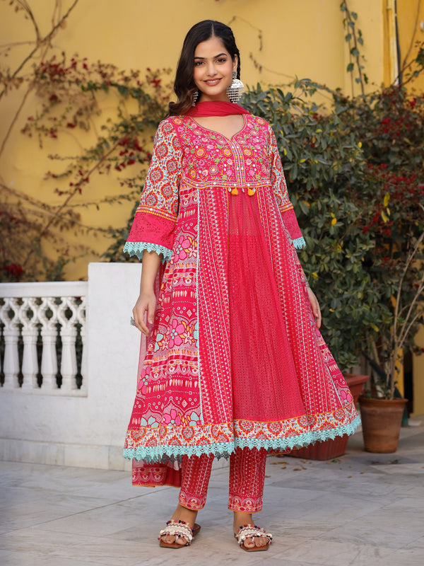 Jashvi Sujani Pink Cotton & Net Floral Printed & Embroidered Panelled Kurta With Pants And Dupatta Set