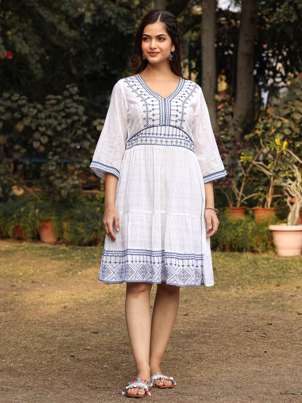 Jashvi White Geometric Embroidered Cotton Dobby  Short Dress