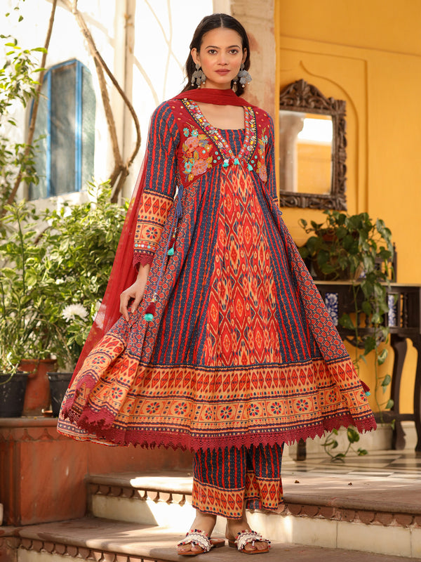 Jashvi Rust Pure Cotton Ikat Printed Alia Cut Anarkali Kurta With Pant And Dupatta Set With Tassels & Thread  Embroidery