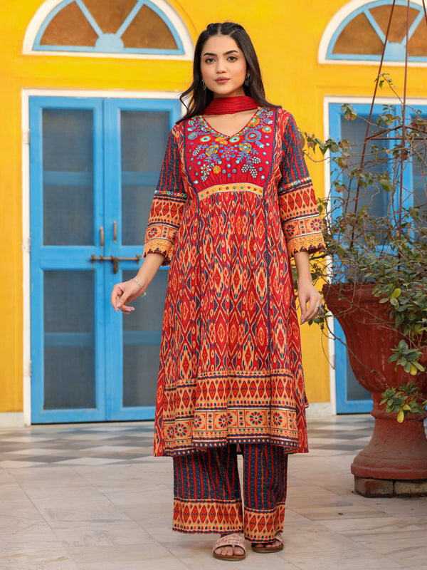 Jashvi Rust Ikat Printed Cotton Voile Kurta Pants & Dupatta Set With Thread Work