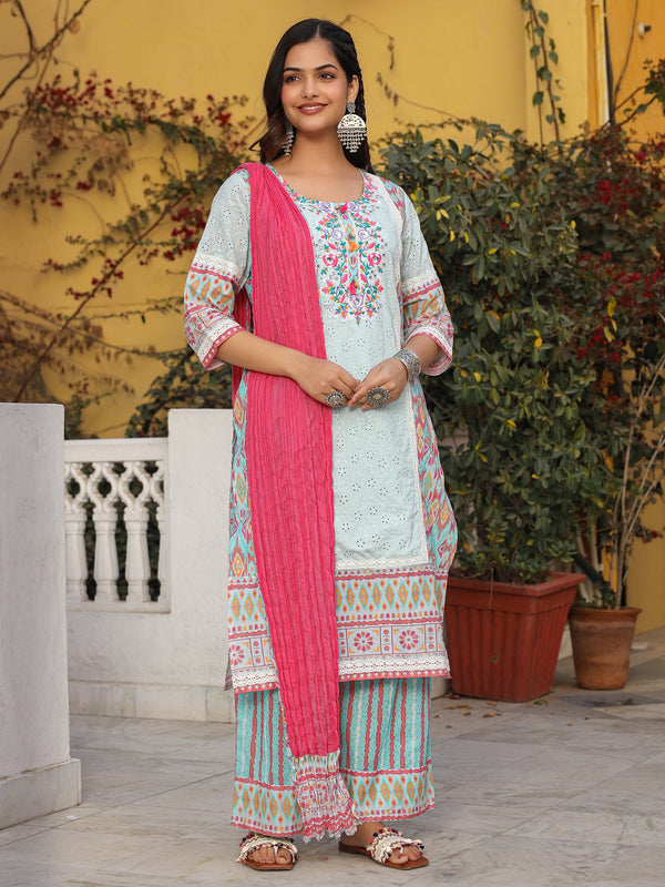 Jashvi Sky Blue Cotton Ikat Printed Kurta With Pants And Dupatta Set With Thread Embroidery & Laces