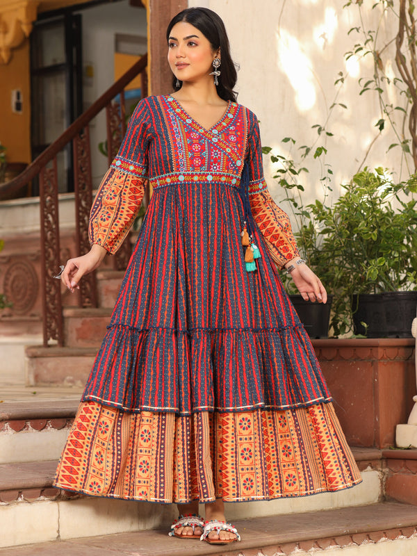 Jashvi Rust Ikat Cotton Printed Tiered Maxi Dress With Thread Embroidery & Dori Tassel Tie-Up At Waist