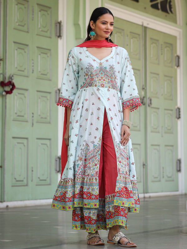 Jashvi Sky Blue Cotton Floral Printed Anarkali Kurta With Pants And Dupatta Set With Sequins & Beadwork