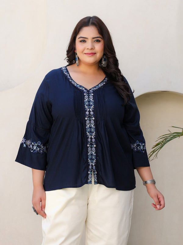 Jashvi Navy Blue Modal Rayon Floral Embroidered Plus Size Tunic With Pintucks At Front