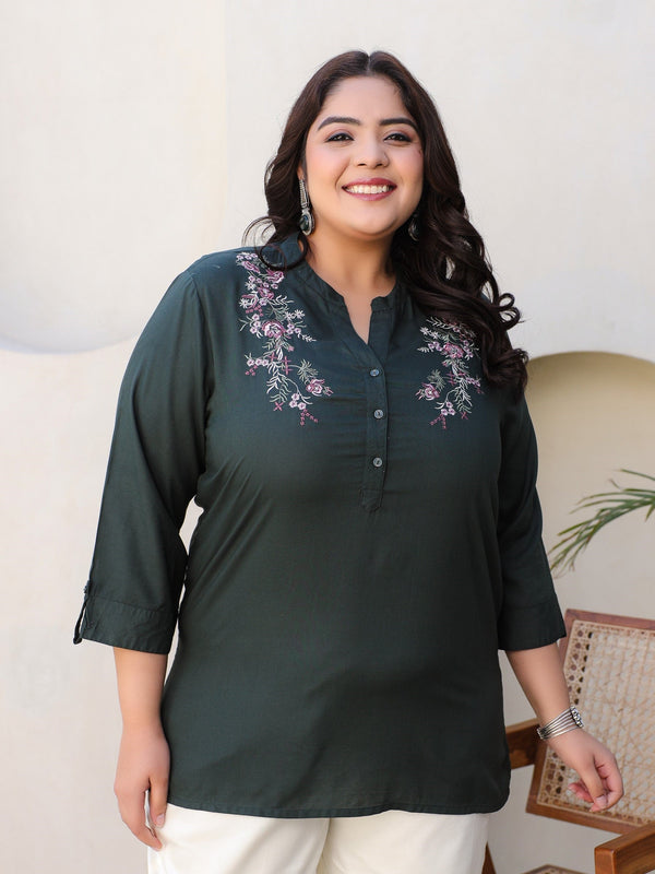 Jashvi Green Modal Rayon Floral Embroidered Plus Size Tunic With Half Placket