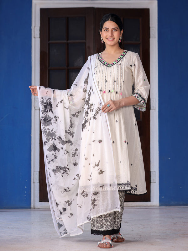 Jashvi Off-White & Black Cotton Dobby Pleated Embroidered Kurta Palazzo & Dupatta Set