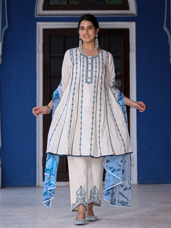 Jashvi White & Blue Cotton Dobby Thread Embroidered Kurta With Pants Set With Chiffon Dupatta