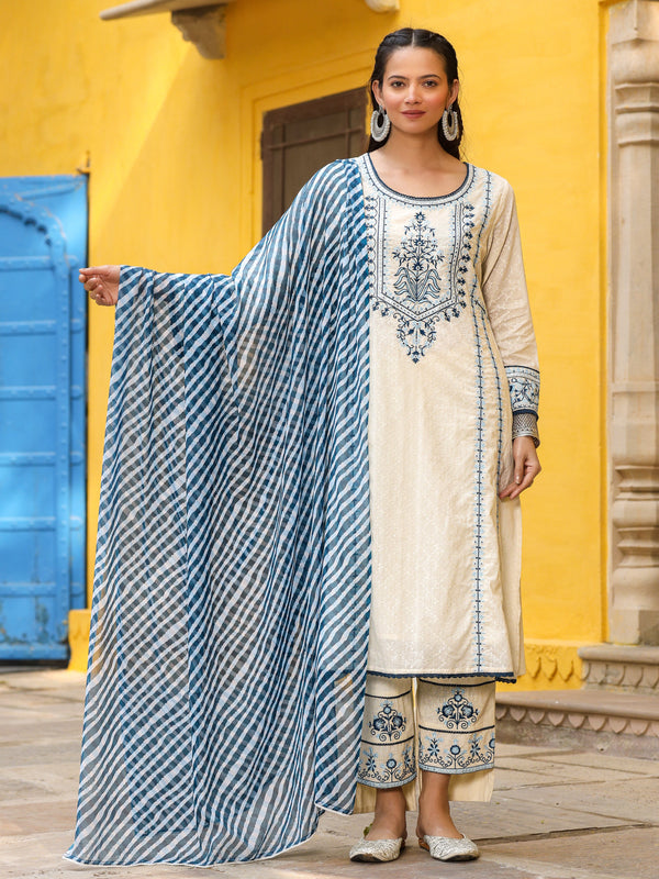 Jashvi White & Blue Cotton Dobby Thread Embroidered Straight Kurta With Pant Set And Chiffon Dupatta