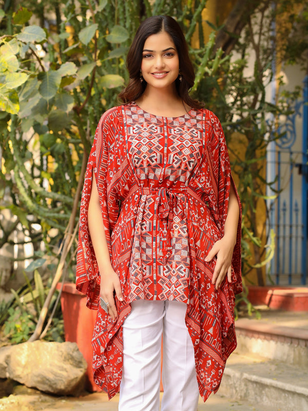 Jashvi The Crafted Geometrics Rust Ikat Printed Rayon Kaftan Dress