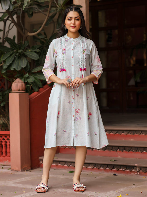 Jashvi Mint Floral Printed Pure Cotton Dress With Sequins Work