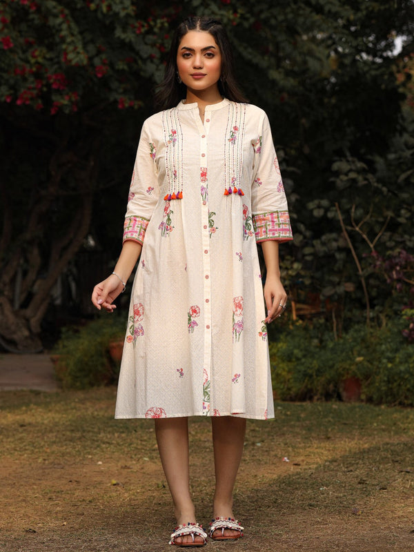 Jashvi White Floral Printed A-Line Pleated Cotton Dress With Kantha Work & Tassels