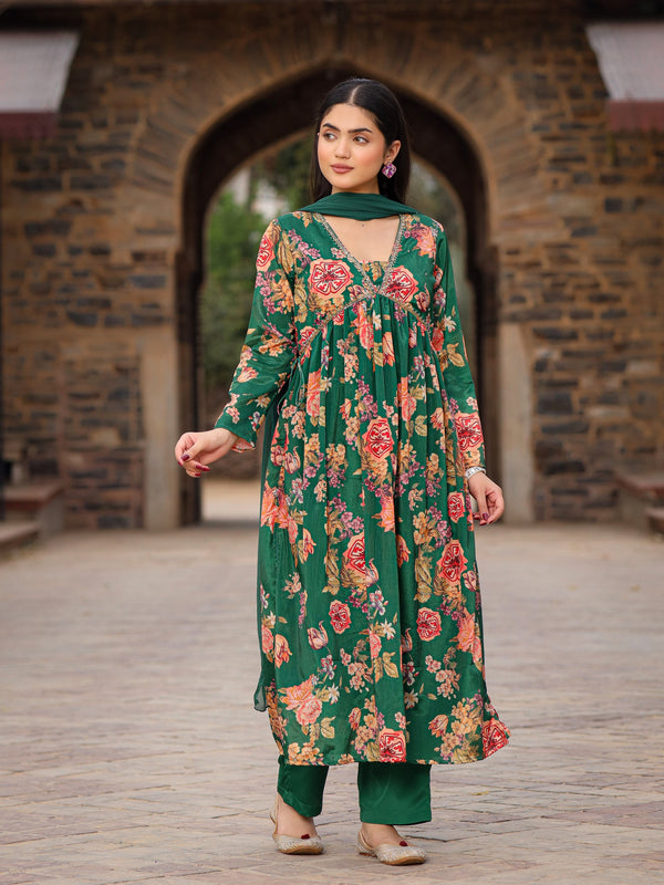 Jashvi Green Floral Printed Poly Chinnon Kurta Pants & Dupatta Set With Mirror Work Embroidery