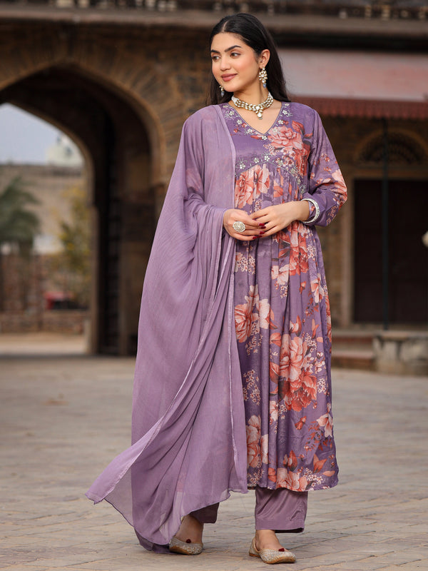 Jashvi Mauve Floral Printed Poly Chinnon Kurta Pants & Dupatta Set With Mirror Work Embroidery