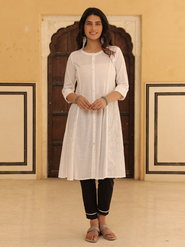 Jashvi White Rayon Slub & Schiffli Soild A-Line Princess Cut Kurta