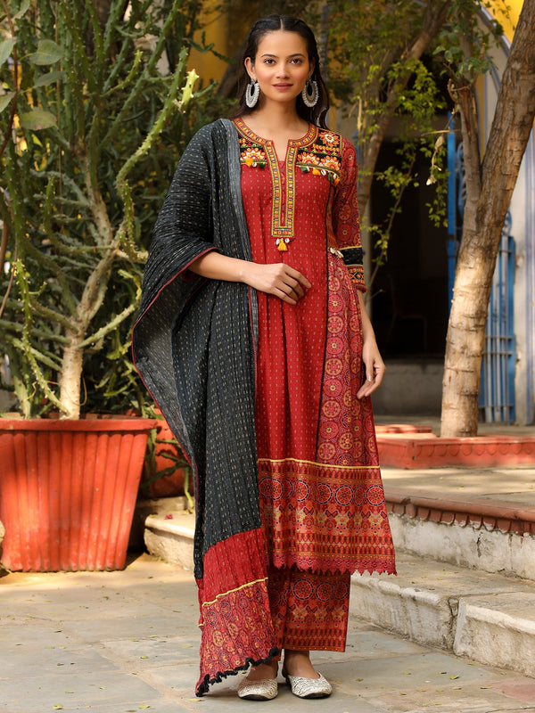 Jashvi Rust Ethnic Motif Printed Cotton Kurta with Pant & Dupatta with Thread Embroidery Kaudi &Tassel