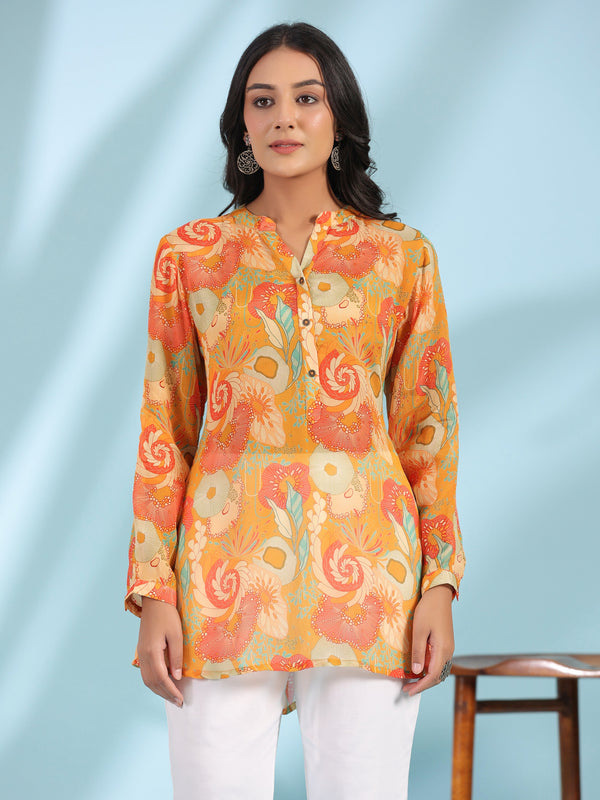 Jashvi Mustard Abstract Printed Viscose Chinnon Regular Tunic