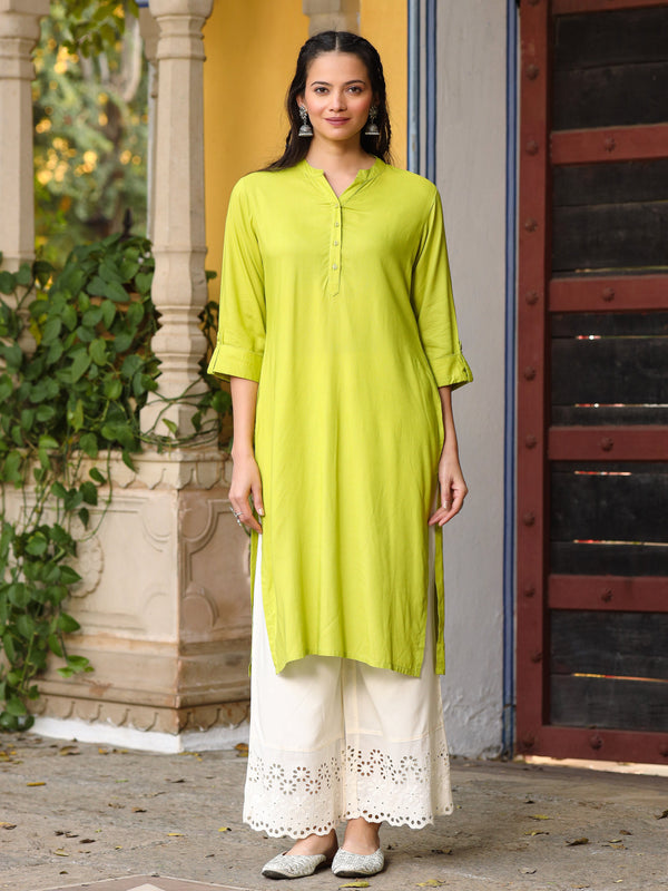 Jashvi The Mishri Solid Lime Green Modal Rayon Kurta