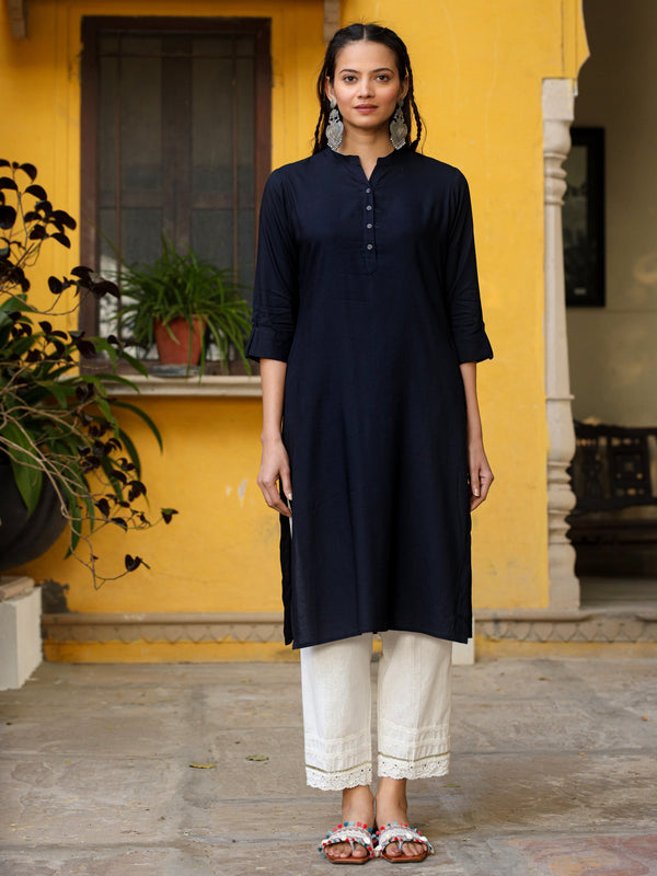 Jashvi Navy Blue Solid Modal Rayon Straight Kurta With Half Placket At Front