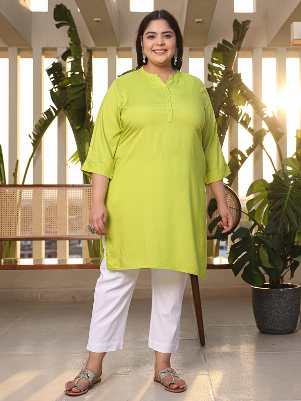 Jashvi Lime Green Plus Size Straight Kurta Crafted With Rayon Fabric