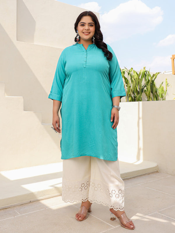 Jashvi Teal Plus Size Straight Kurta Crafted With Rayon Fabric