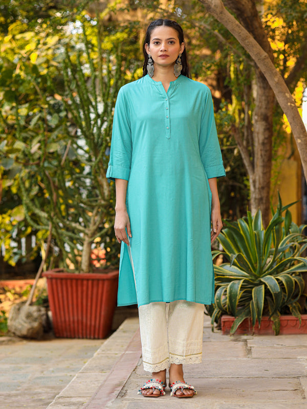 Jashvi The Mishri Solid Teal Modal Rayon Kurta