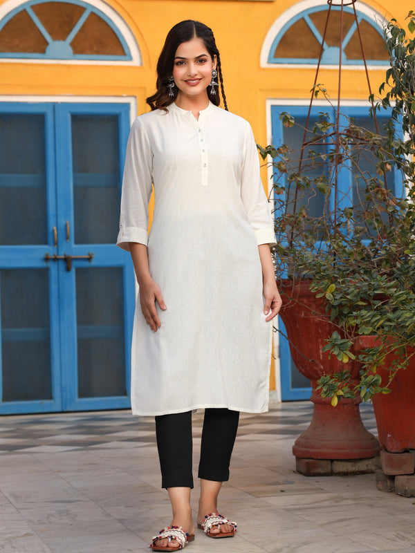 Jashvi White Solid Modal Rayon Straight Kurta With Half Placket At Front