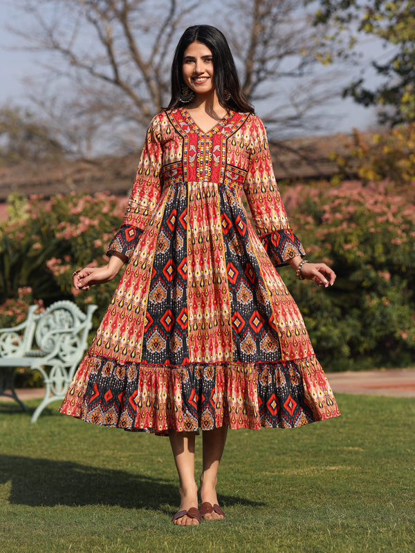 Rust Ikat Printed Cotton Maxi Dress with Embroidered Neckline