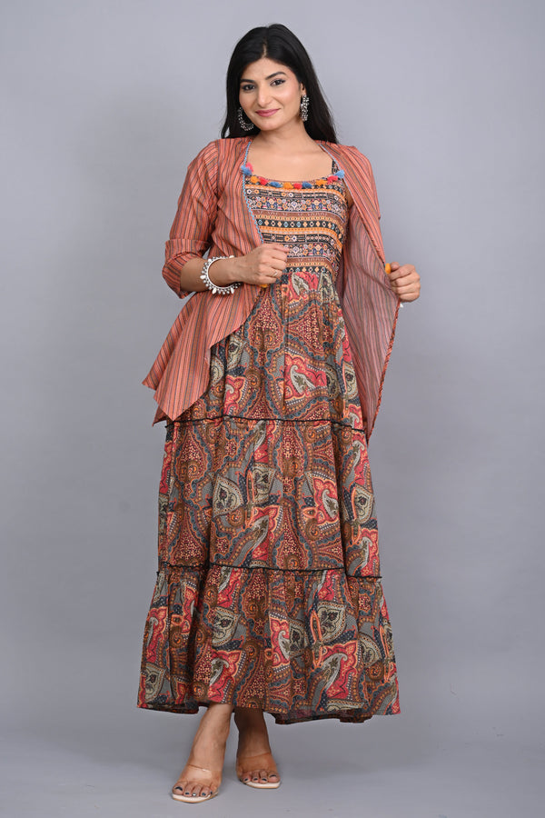 Multi Colored Cotton Ethnic Motif Maxi Dress with Shrug