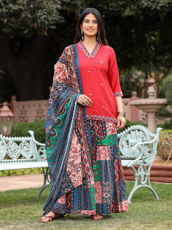 Rust Thered Embroidered Rayon Kurta Sharara & Voile Dupatta Set