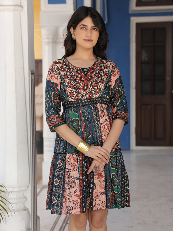 Multi Colored Cotton Short Dress with Ethnic Print For Women