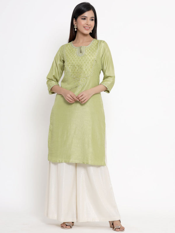 Women's Olive Dola Silk Embroidered Straight Kurta - Juniper