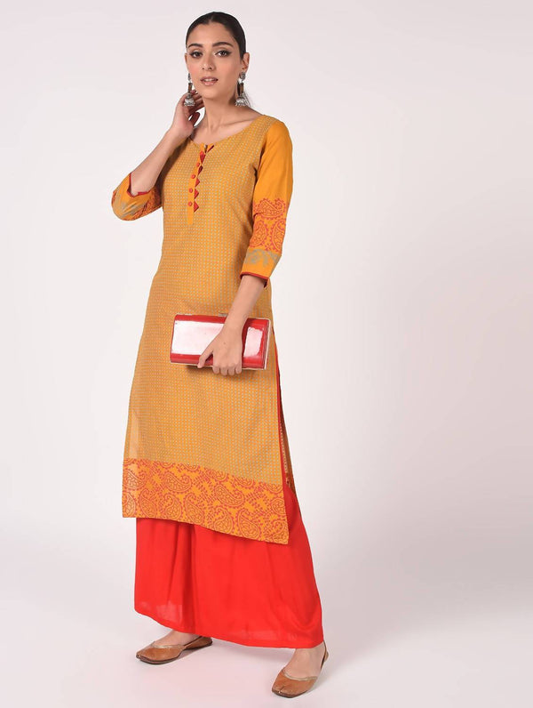 Women's Mustard & Scarlet Red Hand Block Print Straight Kurta With Palazzo - Cheera