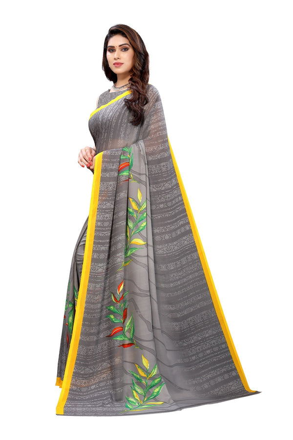 Women's Grey Printed Georgette Saree - Vamika